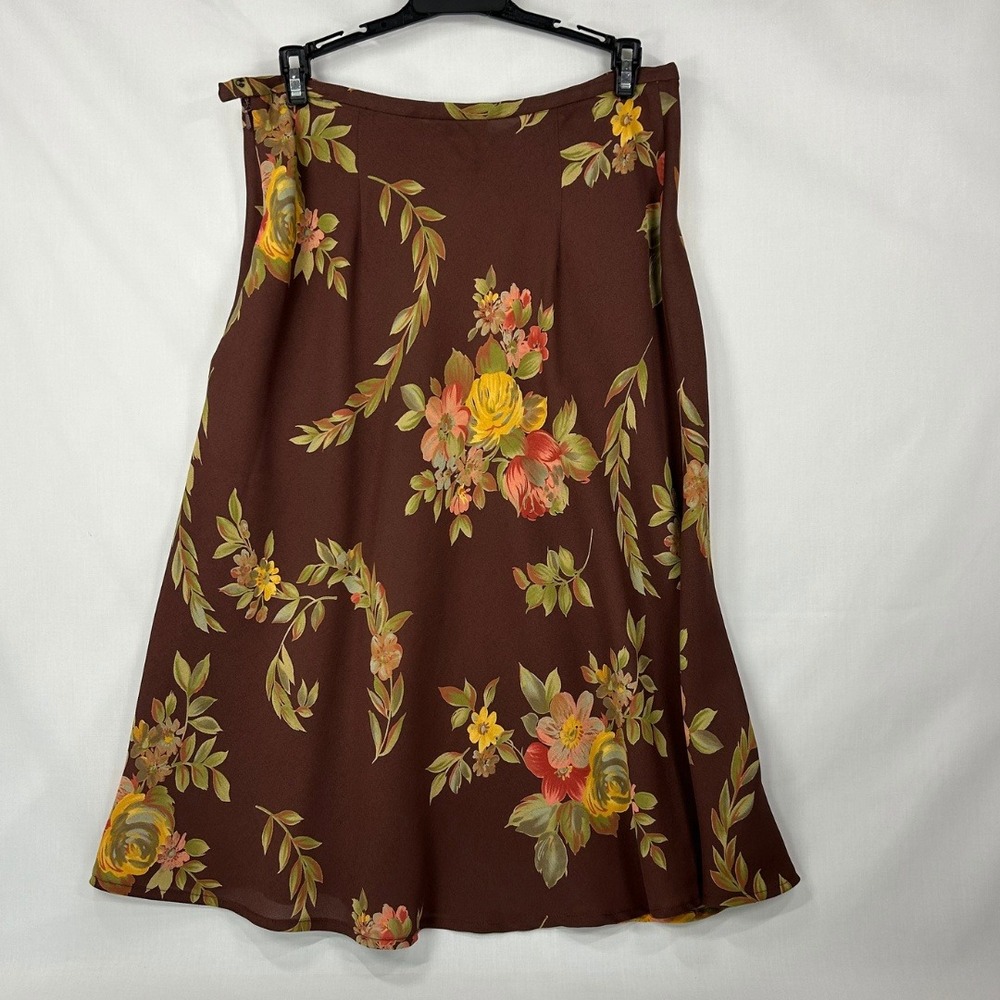 Vintage 90s Brown Floral Midi Skirt – Y2K Whimsigoth Flowy A-Line Skirt Size 12